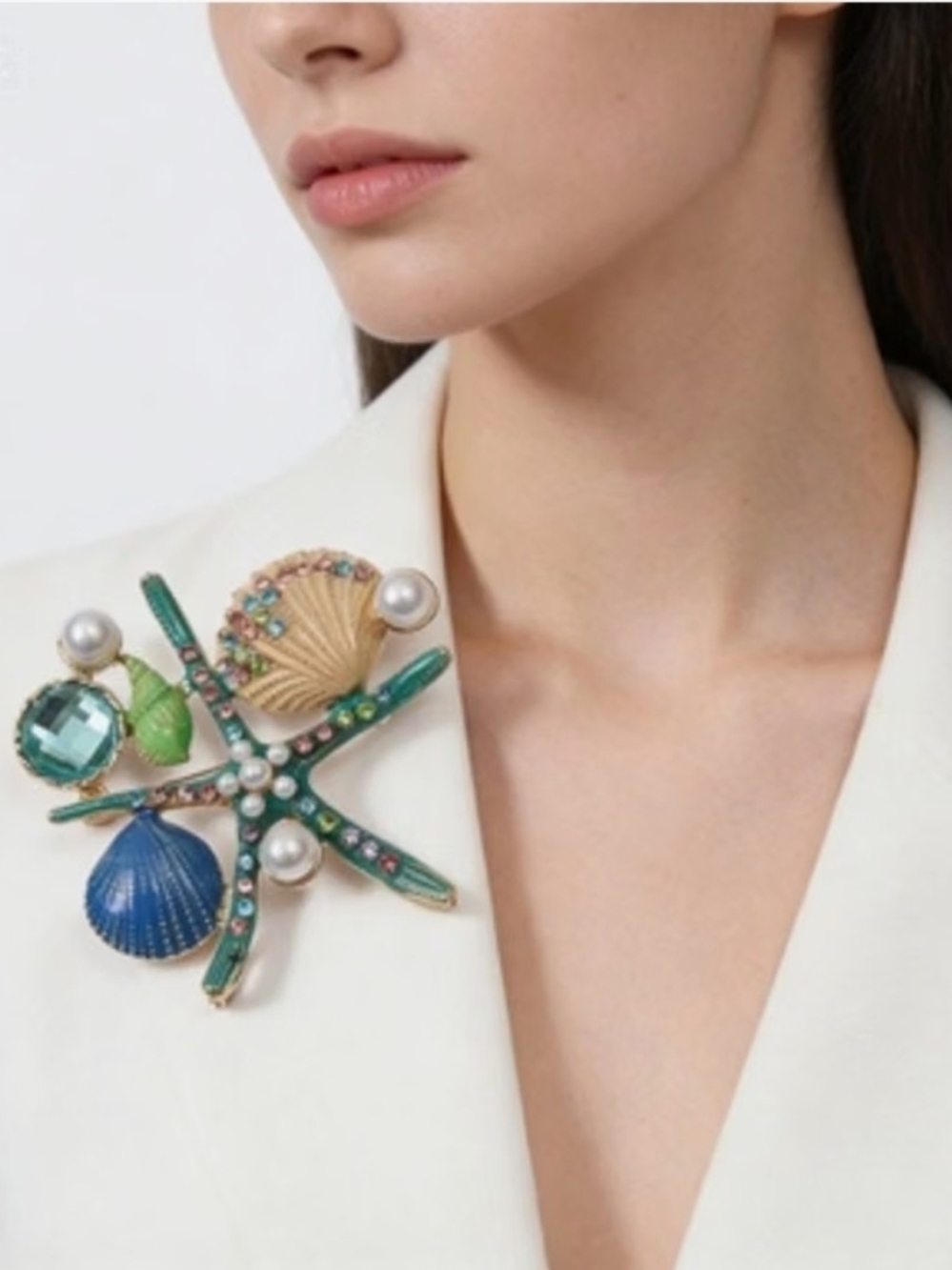 Vintage Starfish Conch Shell Coral Brooch Pins,Rhinestone Enamel Lapel Pins